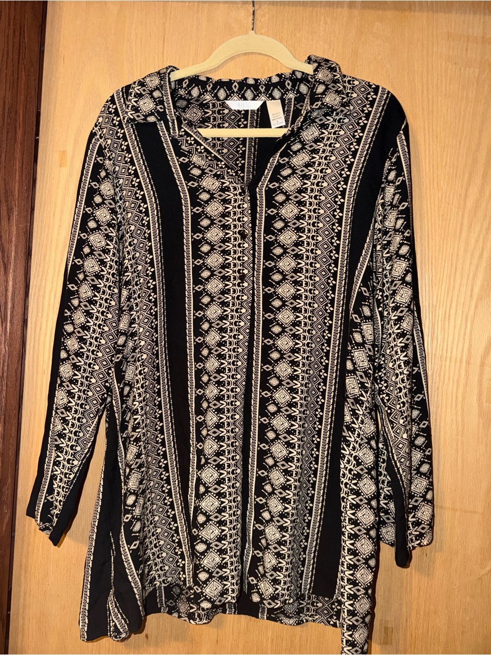 Kaktus Black Cream Boho Geometric Tribal Print Rayon Tunic Blouse L